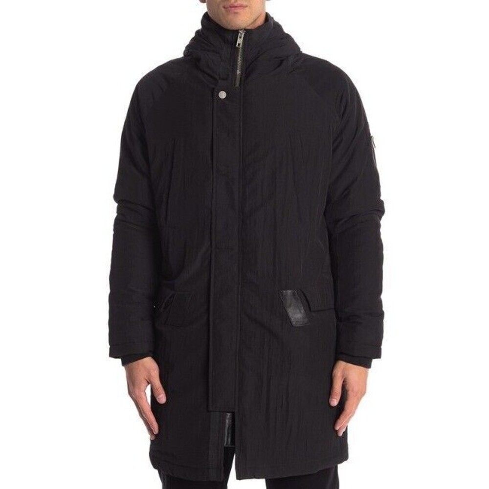 $498 Slate & Stone Long Hooded Jacket Coat Black With Leather Accents Size XL